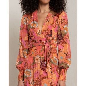 A.L.C. Floral Silk Wrap Blouse - Pink and Orange